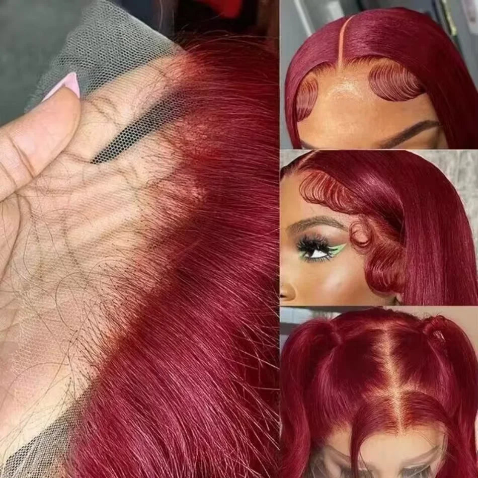 13x4 99j Burgundy Lace Front Wig 13x6 Straight Lace Frontal Wigs HD Transparent Lace Colored Remy Red Human Hair Wigs For Women