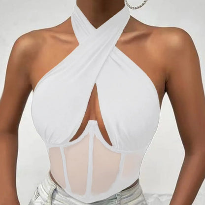 Women Sleeveless Fishbone Corset Vest Solid Hollow Out Cropped Top Summer Halter Backless Sexy Tops Y2k Camis Ropa De Mujer