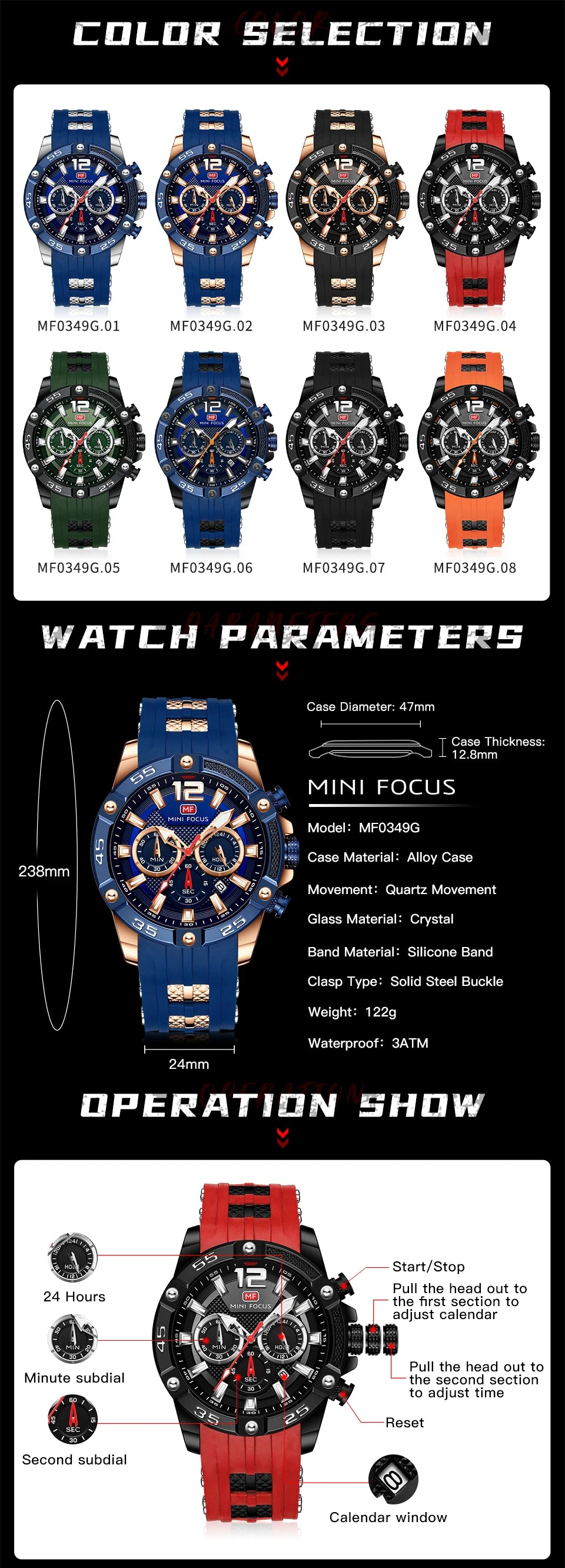 MINI FOCUS Multifunctional Sports Quartz Watch Mens Watches Waterproof Chronograph Wrist Watch with Date Luminous Hands 0349G