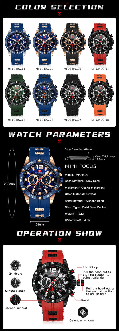 MINI FOCUS Multifunctional Sports Quartz Watch Mens Watches Waterproof Chronograph Wrist Watch with Date Luminous Hands 0349G