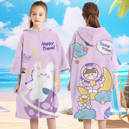 Kids Hooded Bath Beach Poncho Towels Microfiber Swim Cover-ups Surf Poncho Quick Dry Changing Bathrobe Child Swimming Towels
