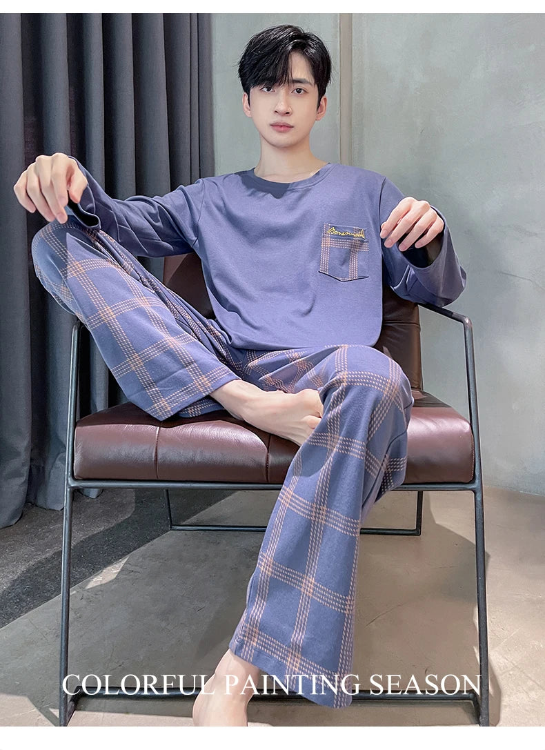 Spring Autumn Plus 4XL Knitted Men's Sleepwear Letter Lattice Pajamas Plaid Pajamas Sets Casual Loungewear Pyjamas Night Fashion