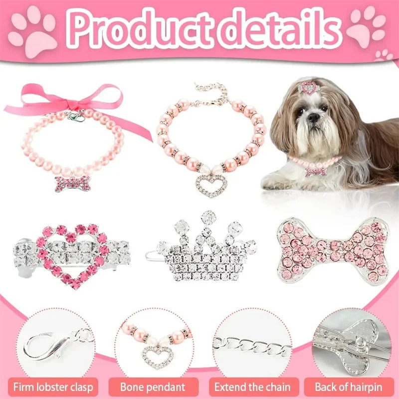 Bling Pearl Dog Collar Small and Medium Dogs Crown Hair Clips Puppy Accessories Doggy Heart and Bone Necklace Pet Supplies