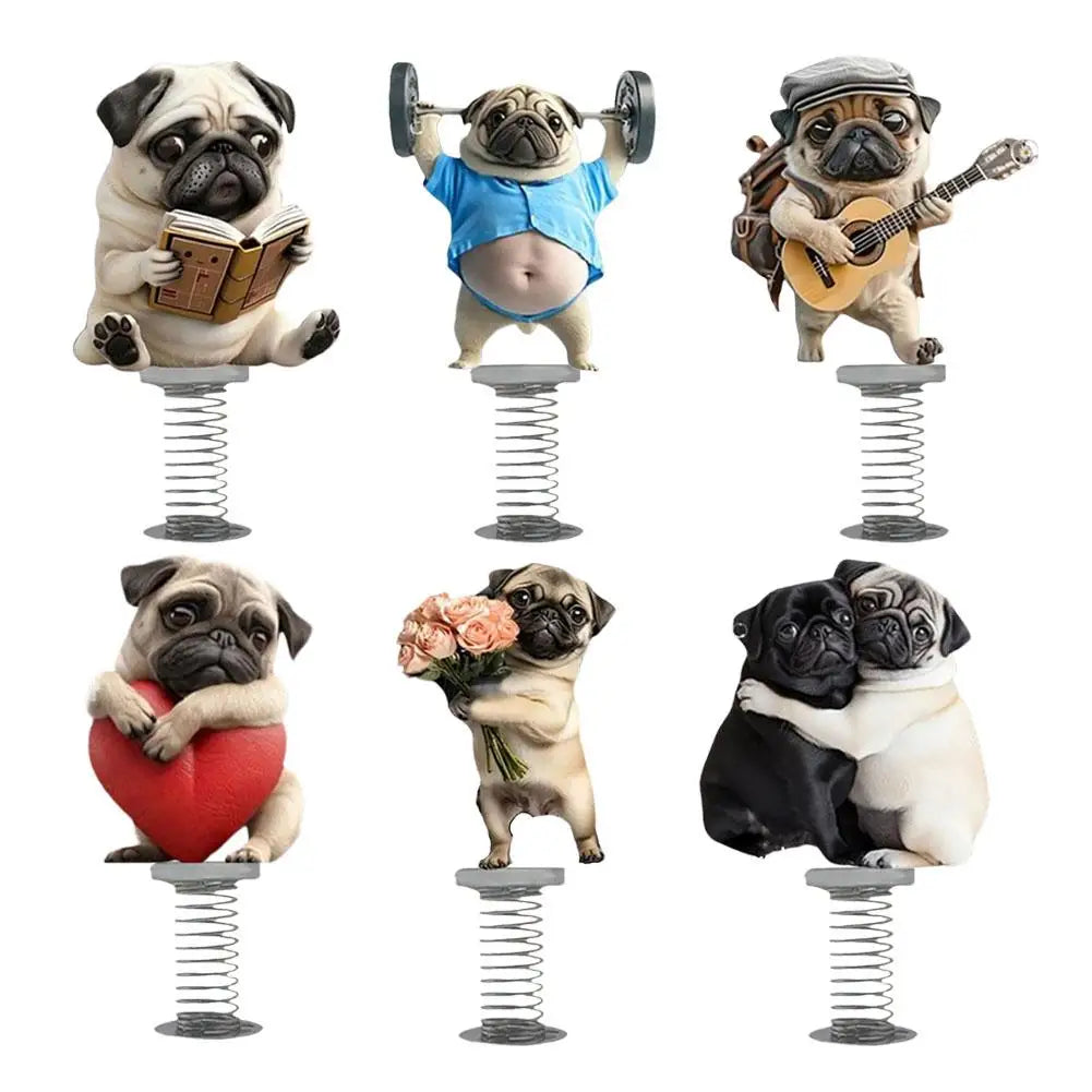 Cute 2D Pug Car Ornaments Kawaii Reading Dog Car Panel Dashboard  Spring Toys Decor Creative Accessories Gift