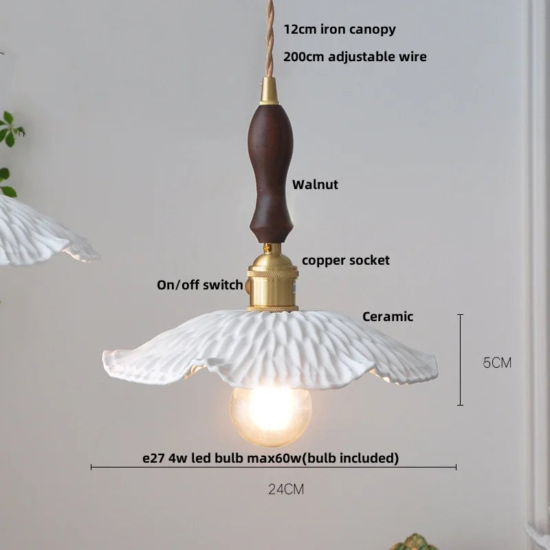 IWHD White Ceramic LED Pendant Lamp Bedroom Study Balcony Wire Adjustable Copper Socket Nordic Modern Home Decor Hanging Lights