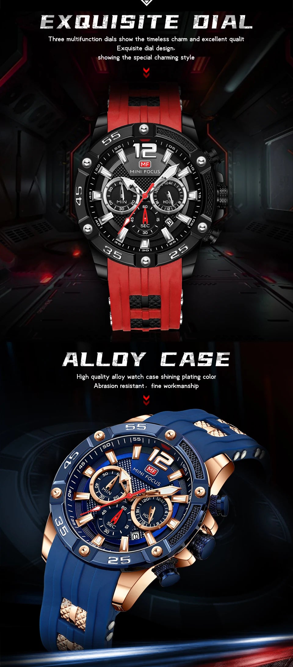 MINI FOCUS Multifunctional Sports Quartz Watch Mens Watches Waterproof Chronograph Wrist Watch with Date Luminous Hands 0349G