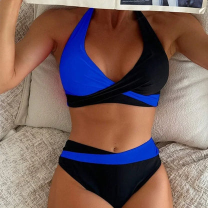 New Sexy Backless Bikini Cross Strap Color Collision Swimwear Women Split Bikini Set Two Pieces Bathing Suit Beachwear Swimsuit