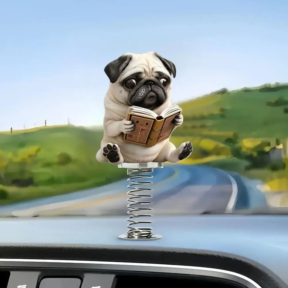 Cute 2D Pug Car Ornaments Kawaii Reading Dog Car Panel Dashboard  Spring Toys Decor Creative Accessories Gift