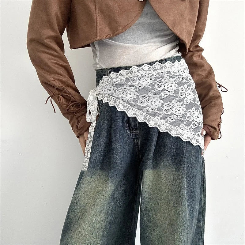 2025 HOT SALE! Y2K Women Lace Tulle Bandage Skirt Stacked Lace Half Skirt Layering Small Butt Curtain Flower Triangle Hair Scarf