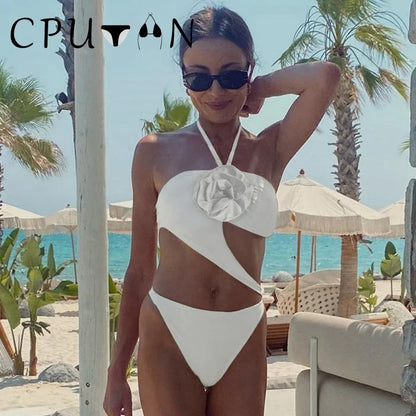 2026 New Sexy White 3D Flower Solid Two Piece Push Up Bikini Set Luxury Swimwear Women Swimsuit Beachwear Summer Bathing Suit