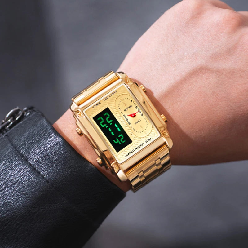 Gold Men Watches Stainless Steel Band Dual Display Men Sports Digital Watches For Male Clock Chronograph Date Waterproof Luxury