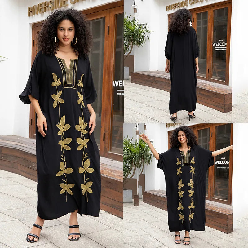 Swimsuit Cover Ups Embroidery V Neck Short Sleeve Swim Cover Up for Women Kaftan Dresses
