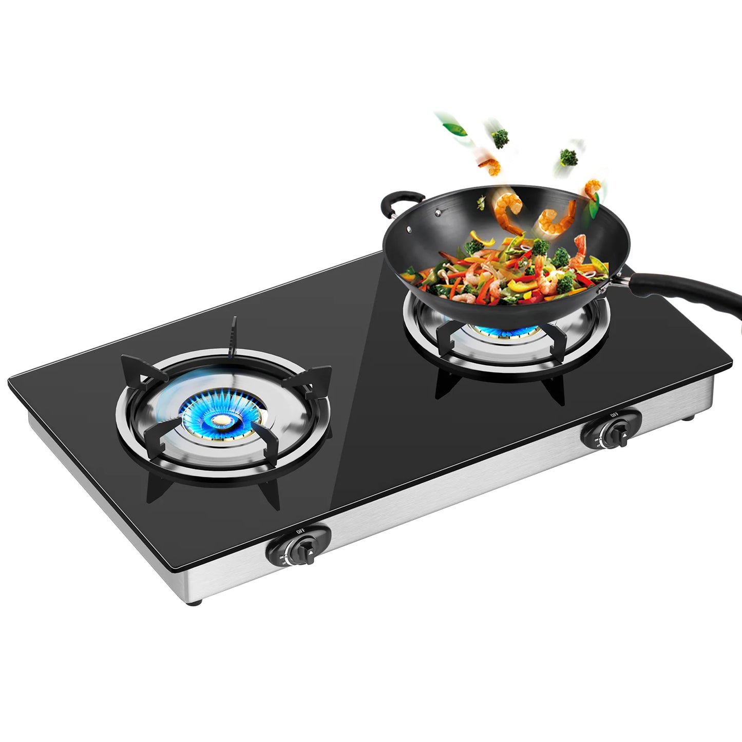 28,000 BTU 2-portable Gas stove, tempered glass cooking plate, pizo ignition, high power indoor and camping