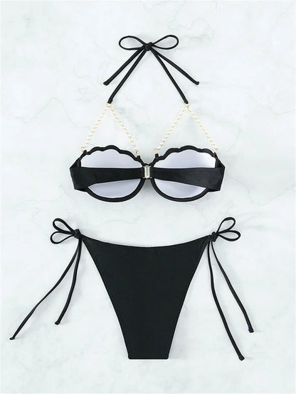Sexy Shell Shape Underwire Bikini Tie Side Thong Bikinis Swimwear Women 2025 Black Pearls Strap Push Up Bathing Suit Swimsuit