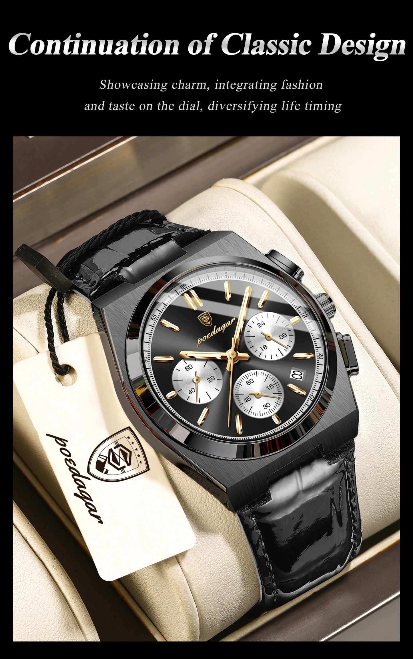 POEDAGAR Business Functional Male Watch Waterproof Luminous Chronograph Date Sports Men Wristwatch Leather Men's Quartz Watches