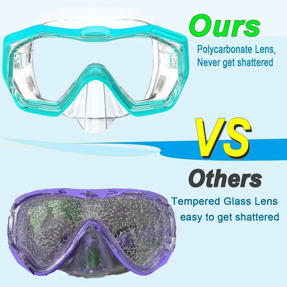 3 Windows Snorkel Mask Set Scuba Diving Swimming Goggles Panoramic Wide View HD Dry Top Anti-Leak Anti-Fog For Adults and Kids
