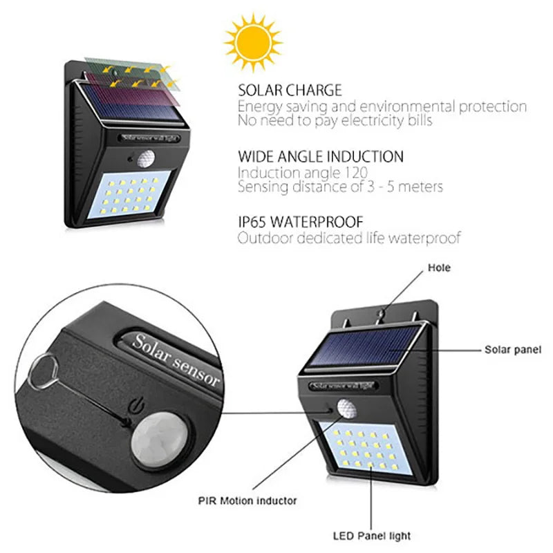 6/30 LED Solar Light PIR Motion Sensor Wall Light Outdoor Solar Lamp Waterproof Solar Powered Sunlight Street Lamp Garden Decor