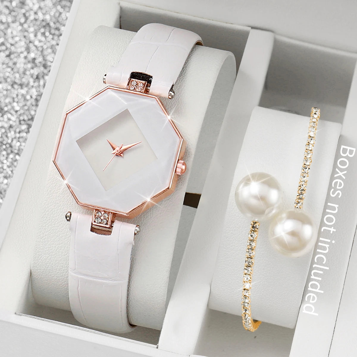 2PCS Fashion Women's Watches Casual Leather Band Analog Quartz Watch Pearls Bracelet Set（Without Box）