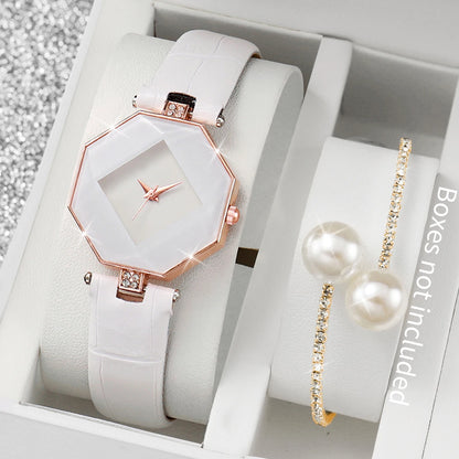 2PCS Fashion Women's Watches Casual Leather Band Analog Quartz Watch Pearls Bracelet Set（Without Box）