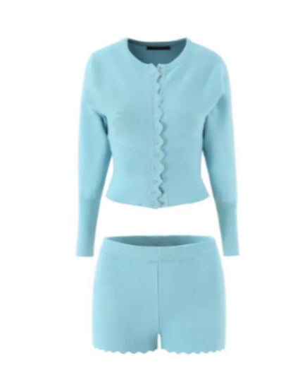 Casual Solid Long Sleeve Button Front Set Vintage Lace Trim Fitted Top High Waist Shorts Sets Youthful Daily Outfit 2026 Trendy