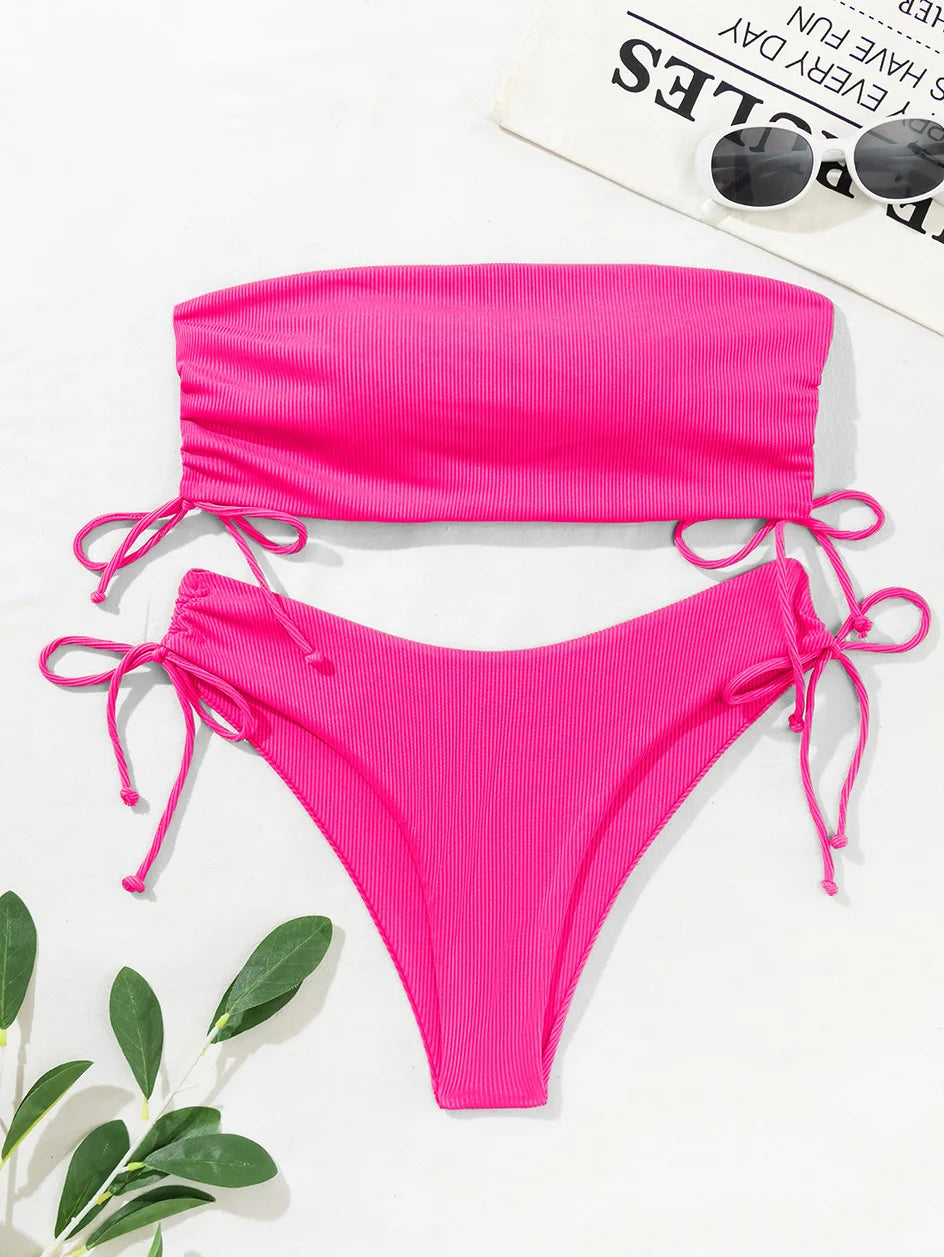 2025 Sexy Low Waist Swimwear New Solid Bandeau Bikini Set Women Push Up Drawstring Beachwear Swimsuit Backless bathing suit