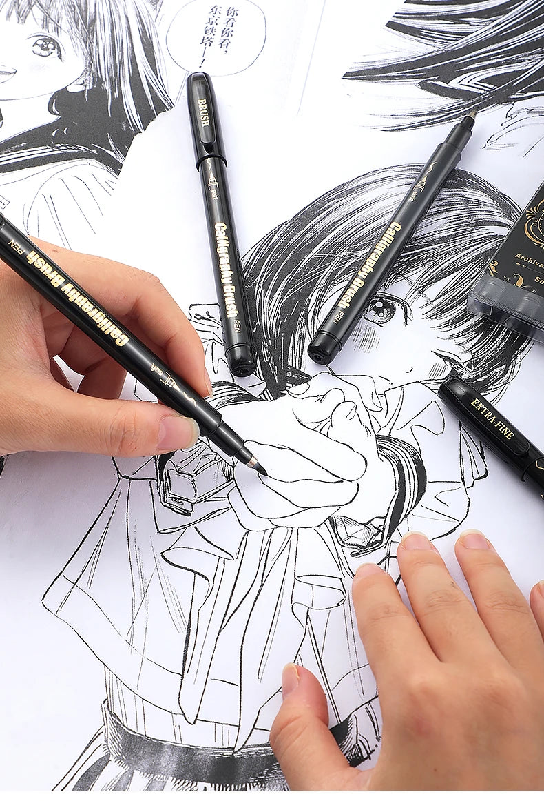4 Pcs Black Hand Lettering Calligraphy Pen Set Drawing Writing Learning Fine Brush Markers Art Supplies Manga Pen