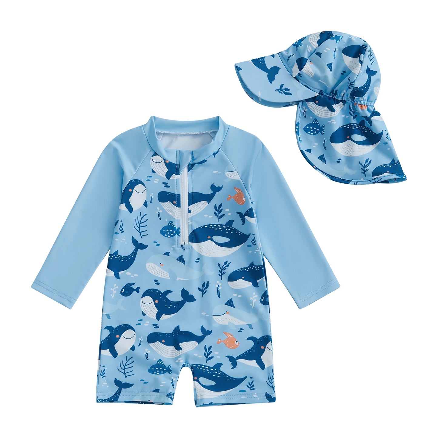 Cartoon Whale Print Children Boy Rash Guard Swimsuit with Hat Summer New Zip Up Long Sleeve Crew Neck Kids Swimwears Beachwear