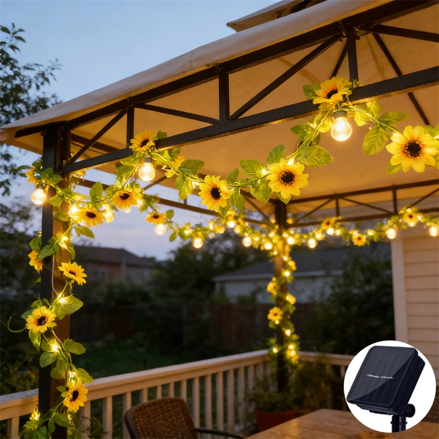 Solar 2M/5M/10M Flower Green Leaf String Light Artificial Vine Fairy Light Tree Eave Garland Light for Party Wedding Home Decor