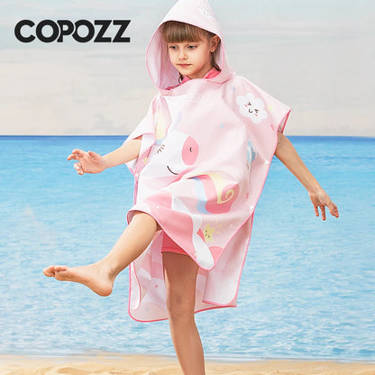 COPOZZ Children Changing Poncho Teen Soft Beach Cloak Hooded Cloak Bath Towel Quick Dry Microfiber Swimming Bathrobe