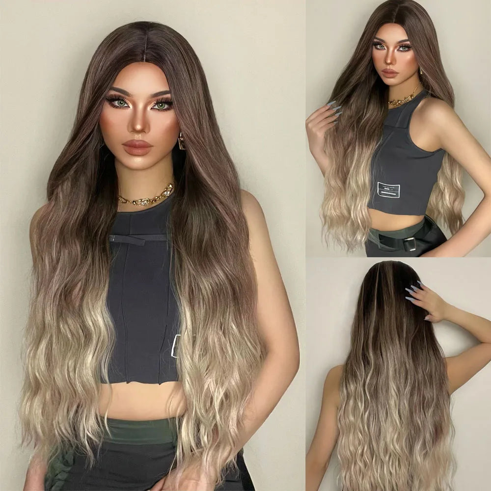 HENRY MARGU Long Brown Wavy Synthetic Wigs Middle Part Natural  Curly Wig for Black Women Cosplay Daily Heat Resistant Fake Hair