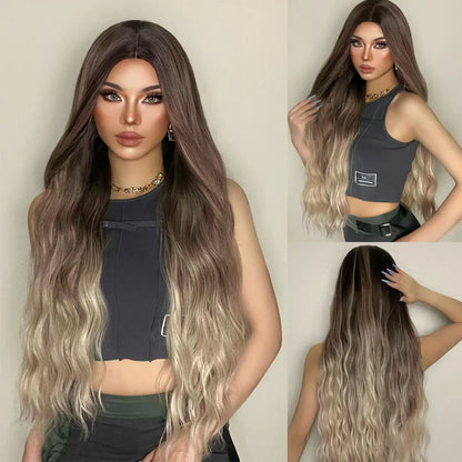 HENRY MARGU Long Brown Wavy Synthetic Wigs Middle Part Natural  Curly Wig for Black Women Cosplay Daily Heat Resistant Fake Hair