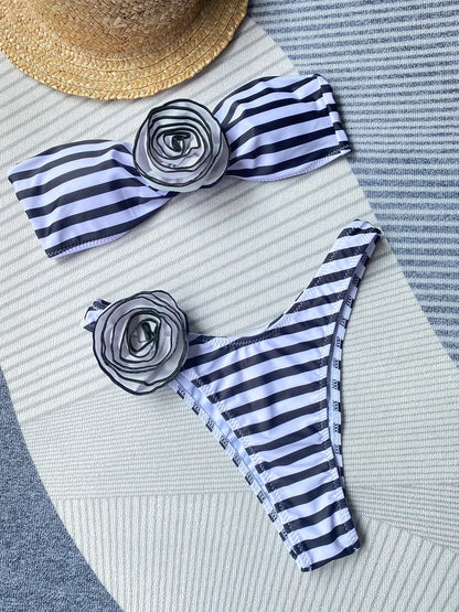 2026 New Sexy White 3D Flower Solid Two Piece Push Up Bikini Set Luxury Swimwear Women Swimsuit Beachwear Summer Bathing Suit