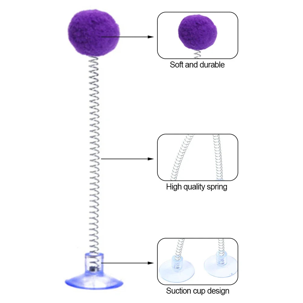 1pc Feather Spring Cat Interactive Toy Suction Cup Cat Fur Ball Teaser Wand Toys Cat Scratcher Toys Pet Supplies Random Color