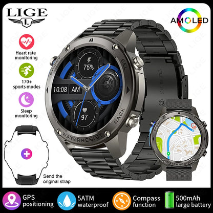 LIGE New GPS Tracker Smart Watch Men 466*466 AMOLED Screen Men Watches 50M Waterproof Outdoor Compass 500mAh Battery Smartwatch