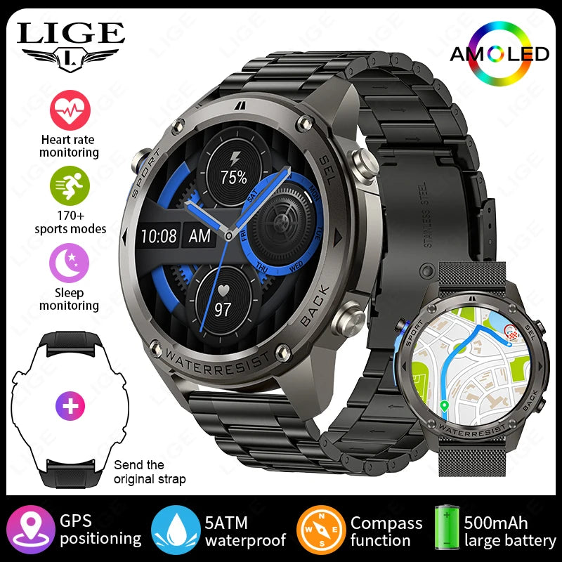 LIGE New GPS Tracker Smart Watch Men 466*466 AMOLED Screen Men Watches 50M Waterproof Outdoor Compass 500mAh Battery Smartwatch