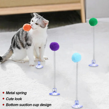 1pc Feather Spring Cat Interactive Toy Suction Cup Cat Fur Ball Teaser Wand Toys Cat Scratcher Toys Pet Supplies Random Color