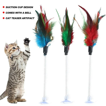 1pc Feather Spring Cat Interactive Toy Suction Cup Cat Fur Ball Teaser Wand Toys Cat Scratcher Toys Pet Supplies Random Color