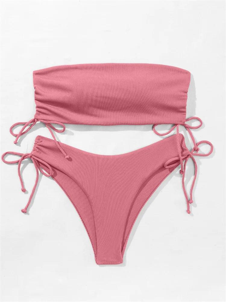 2025 Sexy Low Waist Swimwear New Solid Bandeau Bikini Set Women Push Up Drawstring Beachwear Swimsuit Backless bathing suit