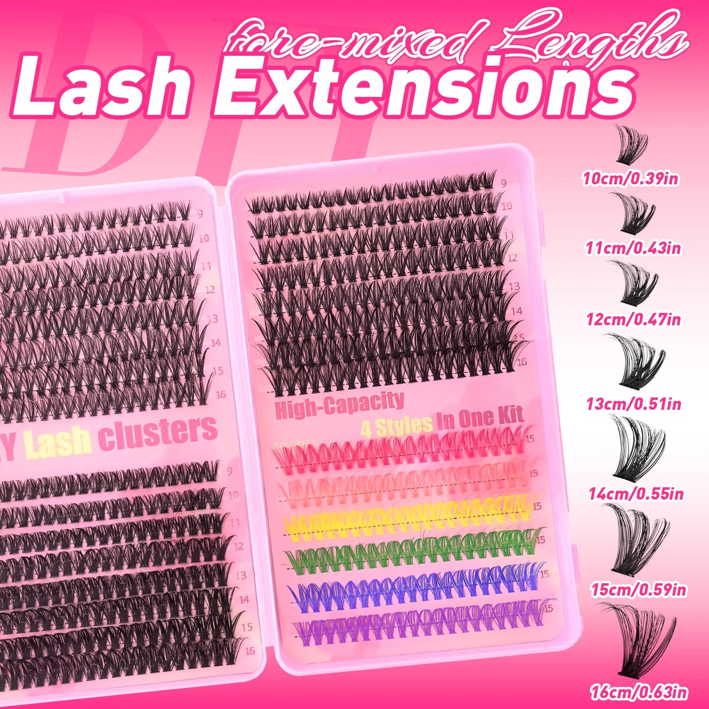 600pcs Colorful Lashes Cluster Eyelash Book Clusters Extensions, 9-16mm mix Individual Lash DIY at Home Makeup Tool