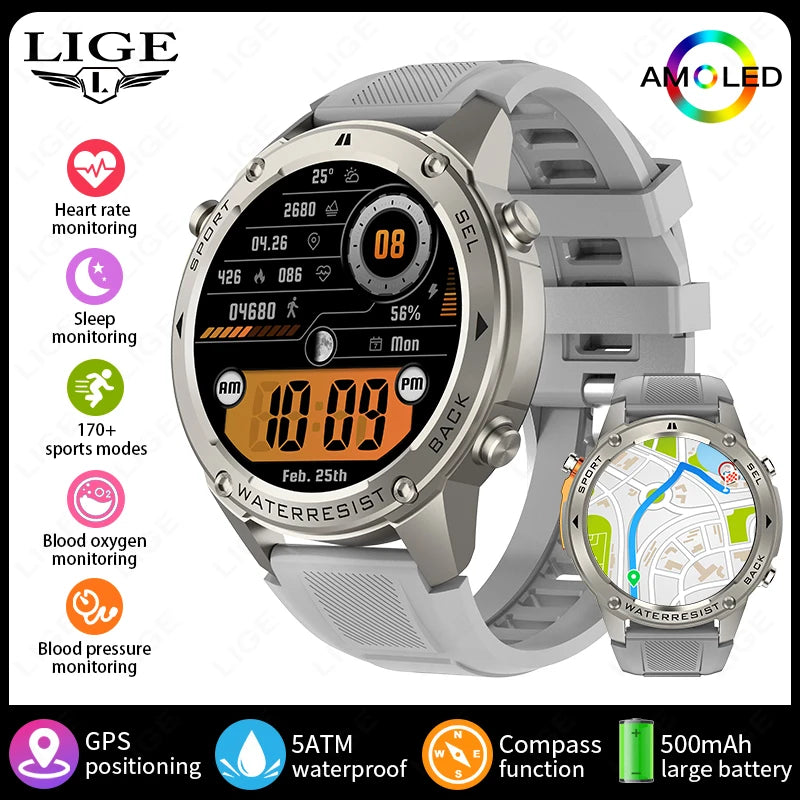 LIGE New GPS Tracker Smart Watch Men 466*466 AMOLED Screen Men Watches 50M Waterproof Outdoor Compass 500mAh Battery Smartwatch