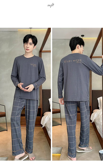 Spring Autumn Plus 4XL Knitted Men's Sleepwear Letter Lattice Pajamas Plaid Pajamas Sets Casual Loungewear Pyjamas Night Fashion