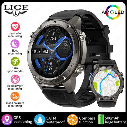 LIGE New GPS Tracker Smart Watch Men 466*466 AMOLED Screen Men Watches 50M Waterproof Outdoor Compass 500mAh Battery Smartwatch