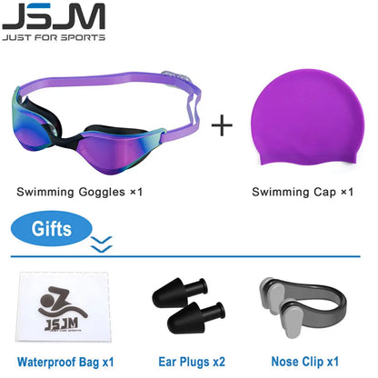 JSJM New Professional Swimming Goggles for Adults HD Anti-Fog Waterproof Silicone Swim Cap + Swim Glasses for Men & Women Gifts