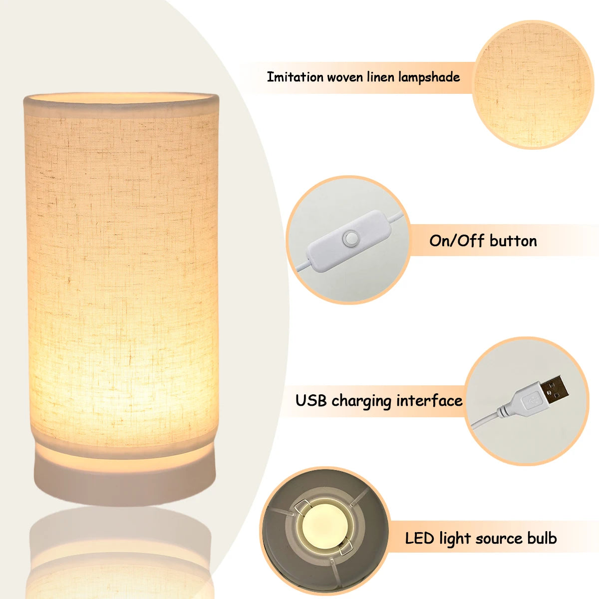 Fabric cylinder desk lamp linen lampshade LED home lighting decoration desk lamp suitable for bedroom lighting