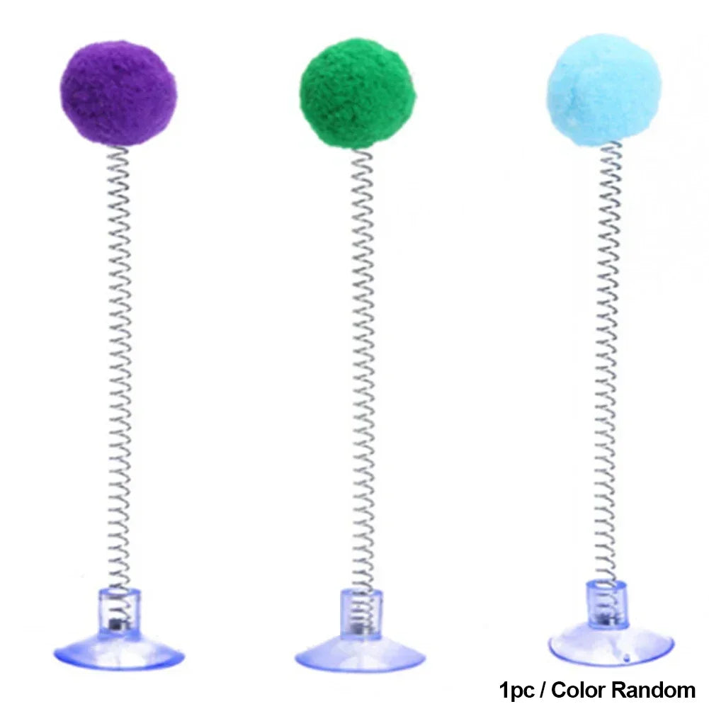 1pc Feather Spring Cat Interactive Toy Suction Cup Cat Fur Ball Teaser Wand Toys Cat Scratcher Toys Pet Supplies Random Color