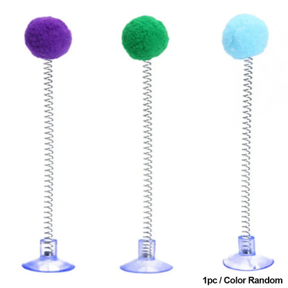 1pc Feather Spring Cat Interactive Toy Suction Cup Cat Fur Ball Teaser Wand Toys Cat Scratcher Toys Pet Supplies Random Color