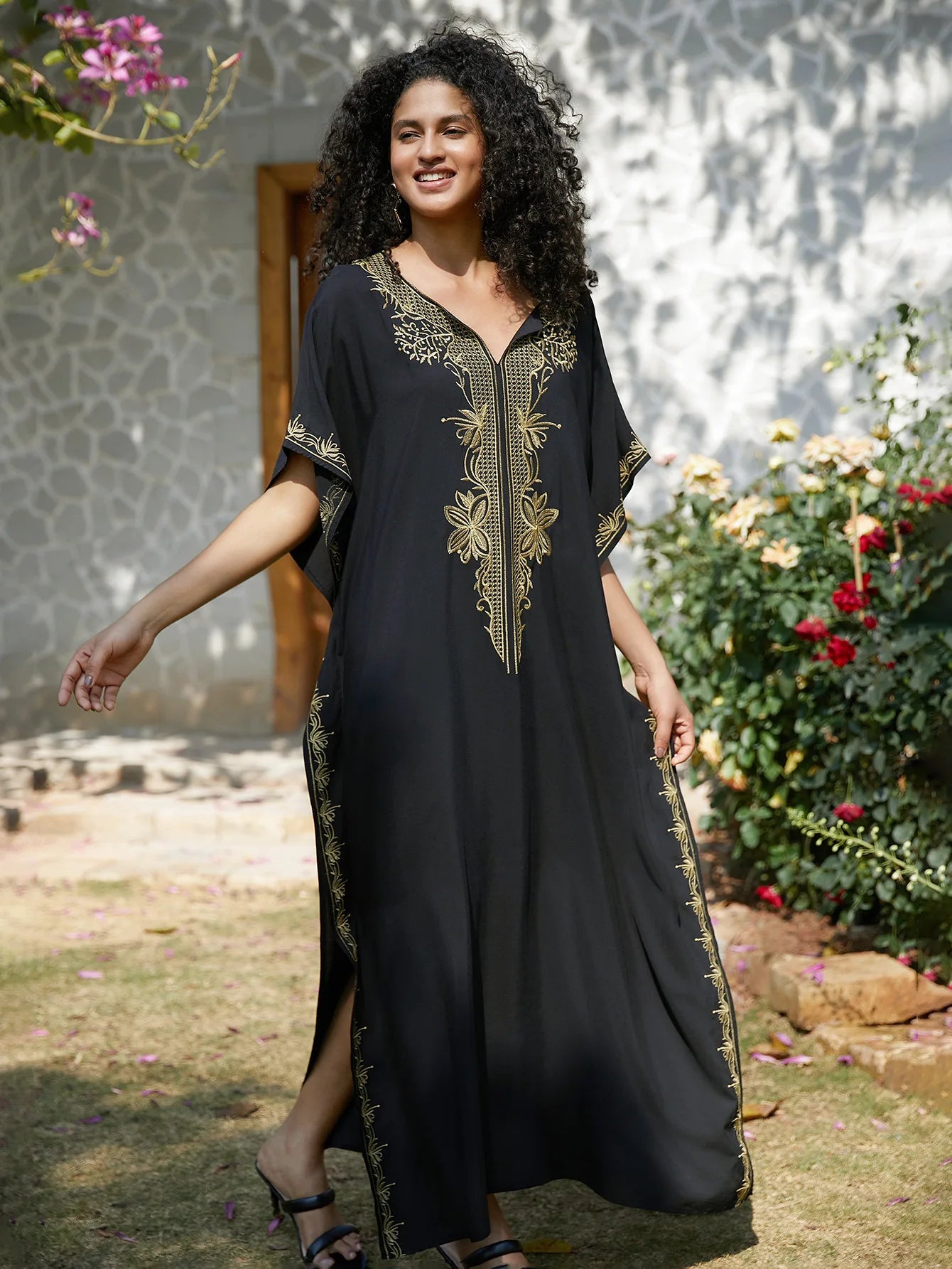 Swimsuit Cover Ups Embroidery V Neck Short Sleeve Swim Cover Up for Women Kaftan Dresses