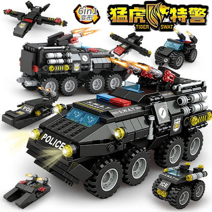 6 in 1 Military Building Blocks Tiger Police Car Armored Vehicle Aircraft Set Boys DIY Construction Toys Christmas Birthday Gift