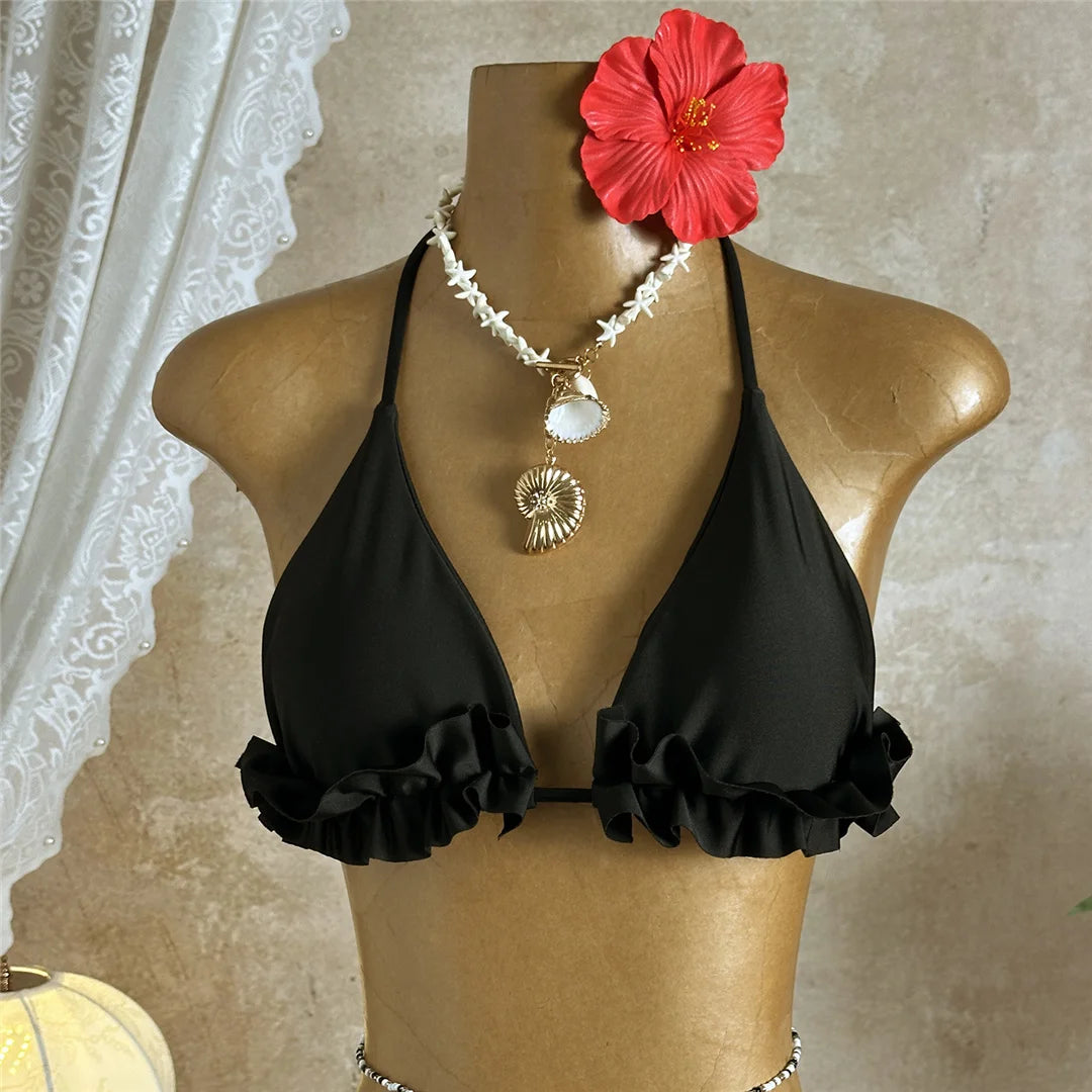 With Skirt Ruffled Frilled Halter Bikini Female Swimsuit Women Swimwear Three-pieces Bikini set Bather Bathing Suit Swim V7788