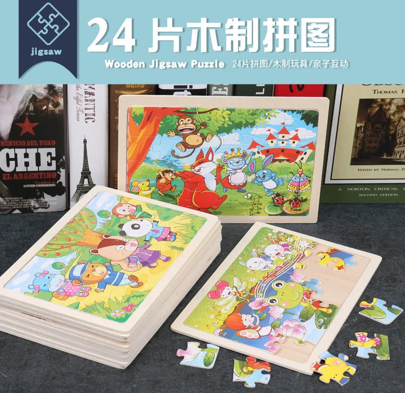 New 24 Pieces Wooden Puzzles Cartoon Animal Wood Jigsaw Learning Toys for GIFT